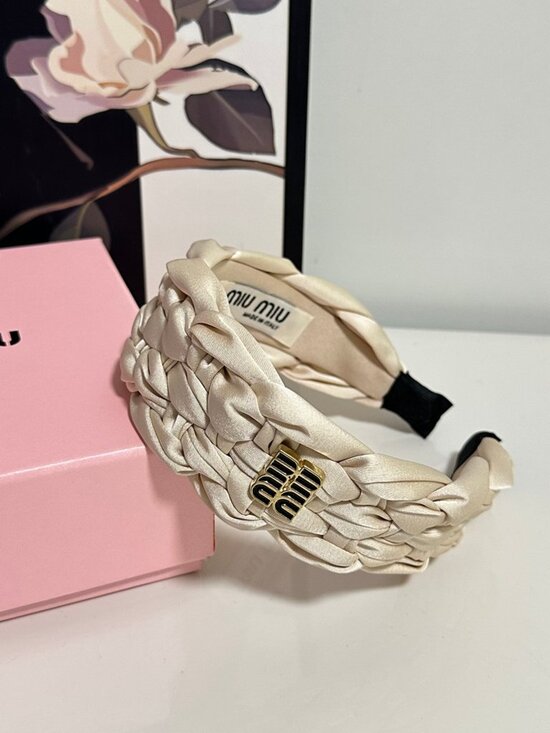Miu Miu Cream Satin Braided Wide Headband Gold Black Enamel Square Logo Hair Ban main image 4